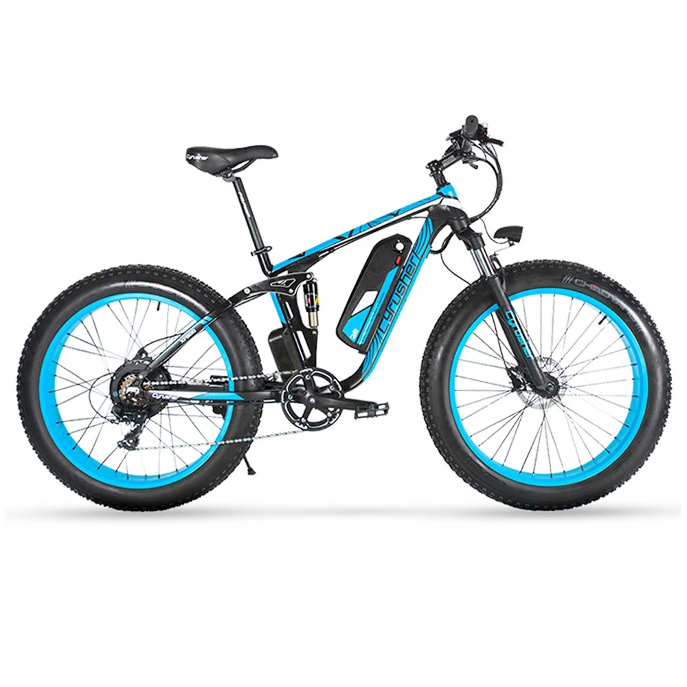 Cyrusher XF800 Electric Bike Full Suspension 26'' x 4'' Fat Tires 750W Motor 13Ah Removable Battery 28mph Top Speed - Blue 1 Cyrusher XF800 Electric Bike Full Suspension 26'' x 4'' Fat Tires 750W Motor 13Ah Removable Battery 28mph Top Speed - Blue