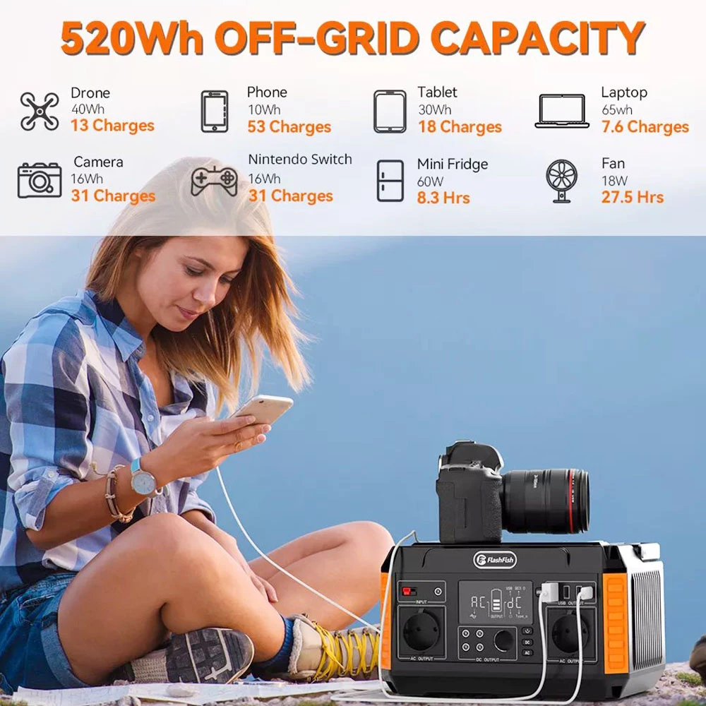 FlashFish P60 560W Portable Power Station, 520Wh/140400mAh Solar Generator, 220V Pure Sine Wave AC Outlets, 11 Outputs, LCD Display 3 FlashFish P60 560W Portable Power Station, 520Wh/140400mAh Solar Generator, 220V Pure Sine Wave AC Outlets, 11 Outputs, LCD Display - Image 3