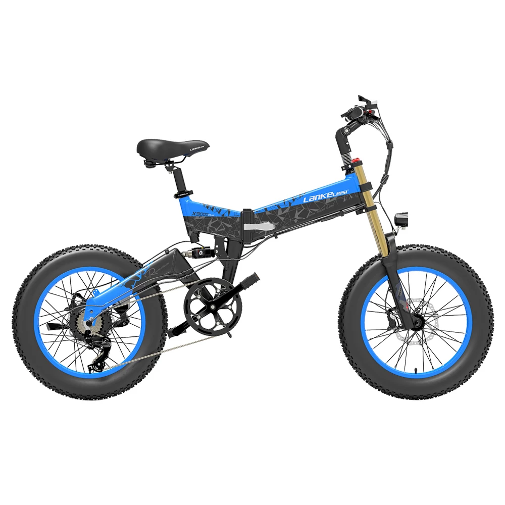 LANKELEISI X3000 Plus Folding Electric Mountain Bike Big Fork 20*4.0 Inch Fat Tires 48V 1000W Motor 17.5Ah Battery 43Km/h Max Speed Shimano 7-Speed Gear IP54 Waterproof - Black & Blue 2 LANKELEISI X3000 Plus Folding Electric Mountain Bike Big Fork 20*4.0 Inch Fat Tires 48V 1000W Motor 17.5Ah Battery 43Km/h Max Speed Shimano 7-Speed Gear IP54 Waterproof - Black & Blue - Image 2