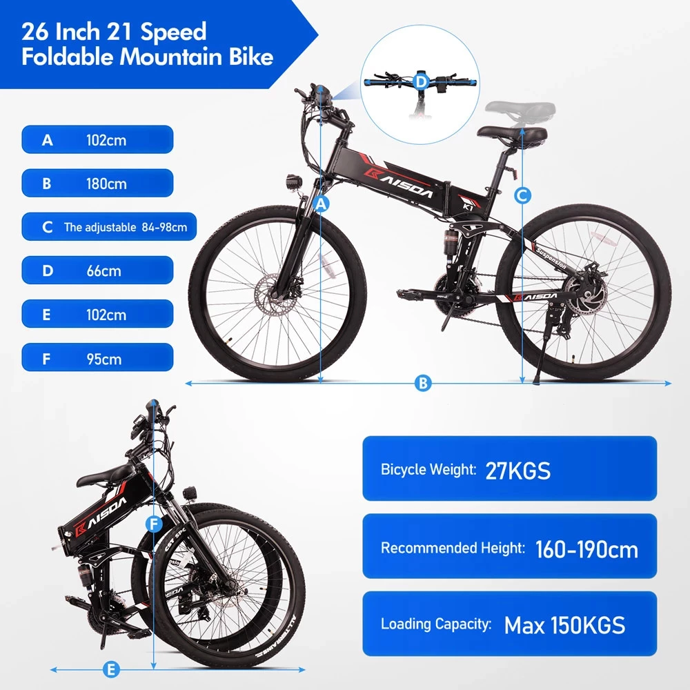 KAISDA K1 26 inch Folding Electric Moped Folding Bike Mountain Bicycle 500W Motor SHIMANO 7-Speeds Derailleur LCD Display 10.4Ah Battery Max Speed 30km/h Aluminum alloy Frame - Black 6 KAISDA K1 26 inch Folding Electric Moped Folding Bike Mountain Bicycle 500W Motor SHIMANO 7-Speeds Derailleur LCD Display 10.4Ah Battery Max Speed 30km/h Aluminum alloy Frame - Black - Image 6