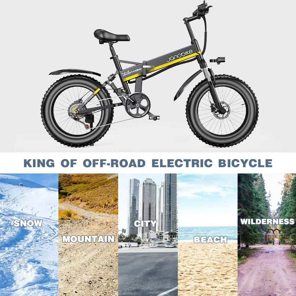 JANOBIKE H20 Electric Bicycle 48V 1000W Motor 9.6Ah Battery 20*4 Inch Tire Snow, Mountain, City Bike - Black 6 JANOBIKE H20 Electric Bicycle 48V 1000W Motor 9.6Ah Battery 20*4 Inch Tire Snow, Mountain, City Bike - Black - Image 6